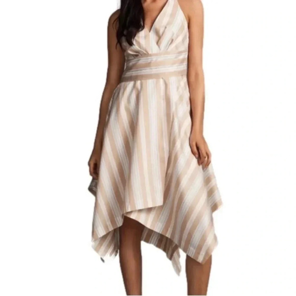 Anthropologie Maeve tan white asymmetrical wrap shirt dress Sz 12 New with Tags - Picture 1 of 10